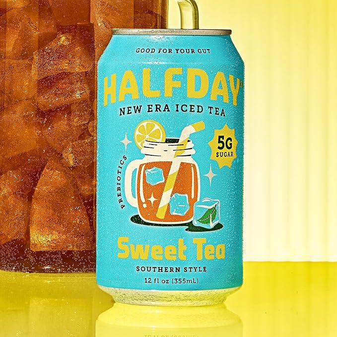HALFDAY Prebiotic Sweet Tea Iced Tea Cans, Supports Digestive & Gut Health, 6g Plant Fiber & Prebiotics, 5g of Sugar, 35 Calories, Organic Tea, Natural Caffeine, Gluten Free, Keto, 12 fl oz (12 pack)