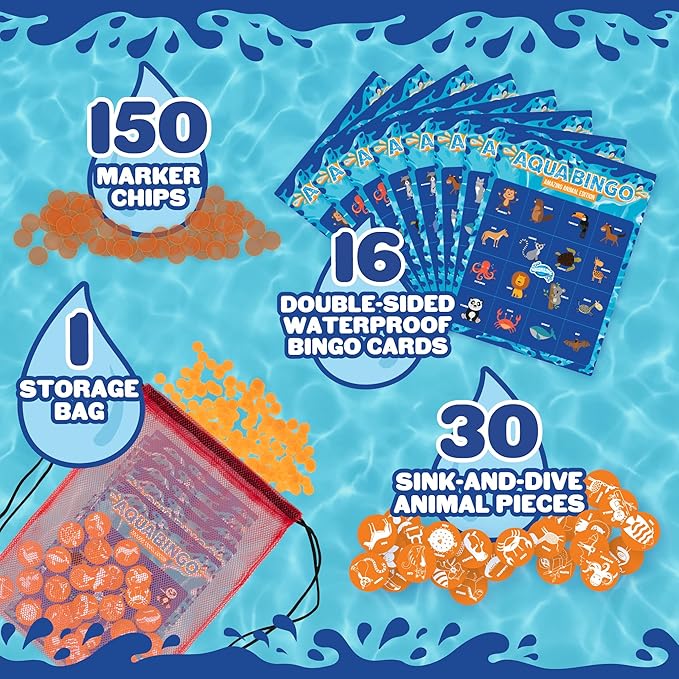 Pool Bingo Diving Game for Kids - Summer Party Fun Edition - Dive & Call 30 Sinking Animal Themed "Numbers", Fill Your Card- 150 Marker Chips &16 Double Sided Waterproof Play Cards & Bag, Gift