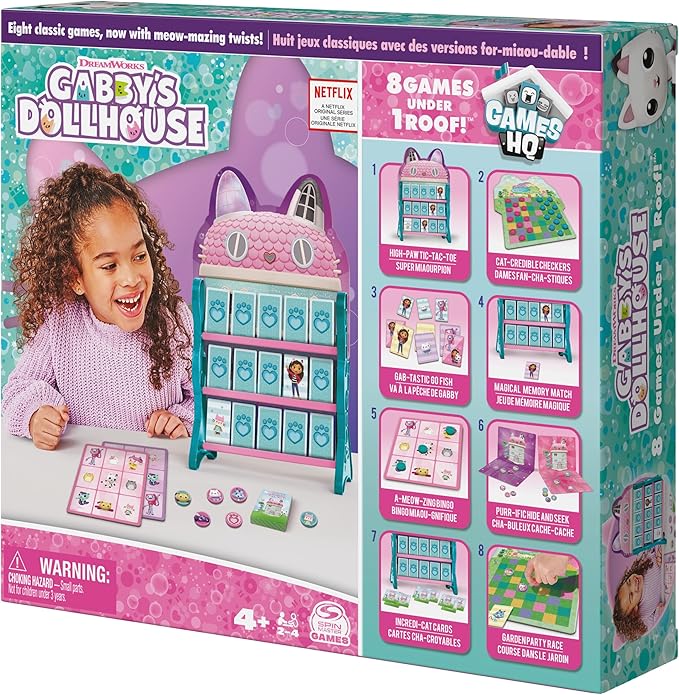Gabby’s Dollhouse, Games HQ Checkers Tic Tac Toe Memory Match Go Fish Bingo Cards Board Games Toy Gift Netflix Party Supplies, for Kids Ages 4 and up