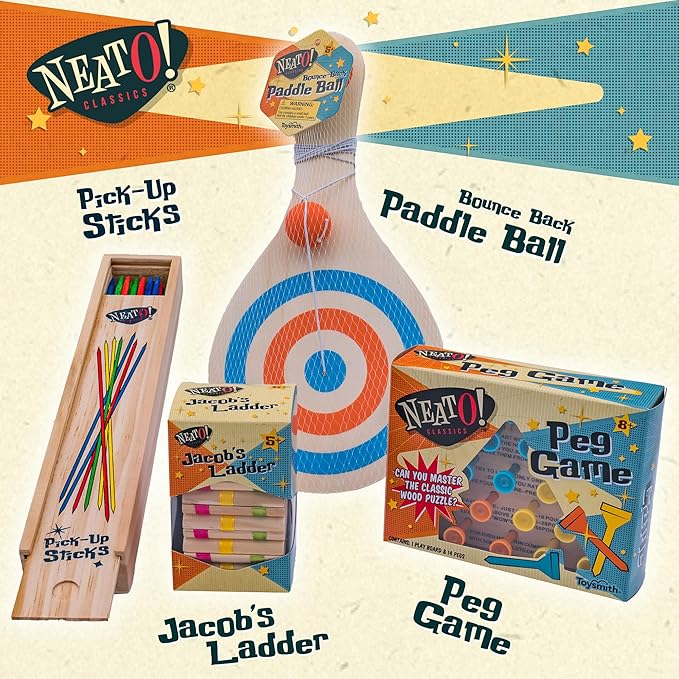 Neato Wood Toys Bundle – Includes Classic Wooden Peg Game, Jacob's Ladder Puzzle, Pick-Up Sticks, and Bounce-Back Paddle Ball – Fun Retro Games for Kids & Adults – Perfect for Travel & Family Play