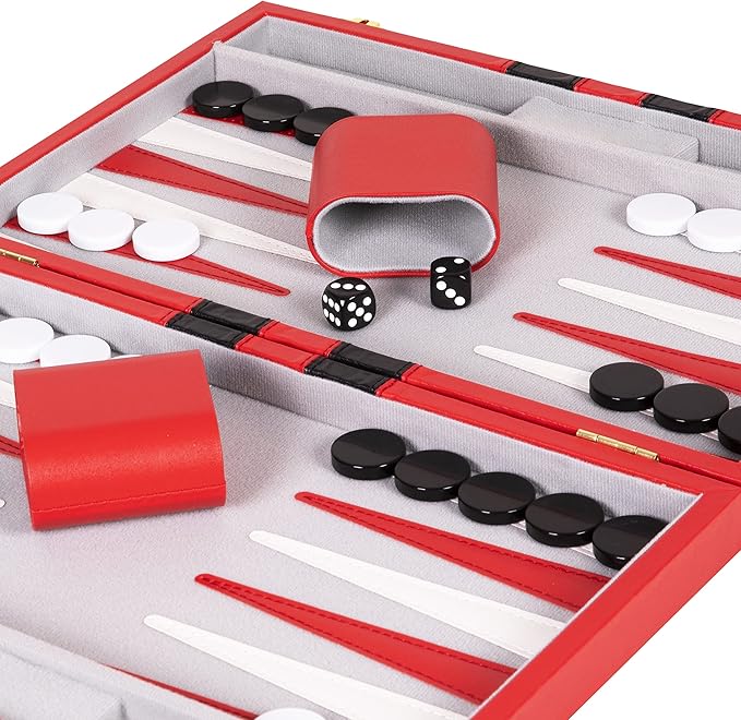 Backgammon Set 11 inch, Small - Classic Board Game for Adults and Kids with Premium Leather Case - Includes Strategy & Tip Guide (Red)