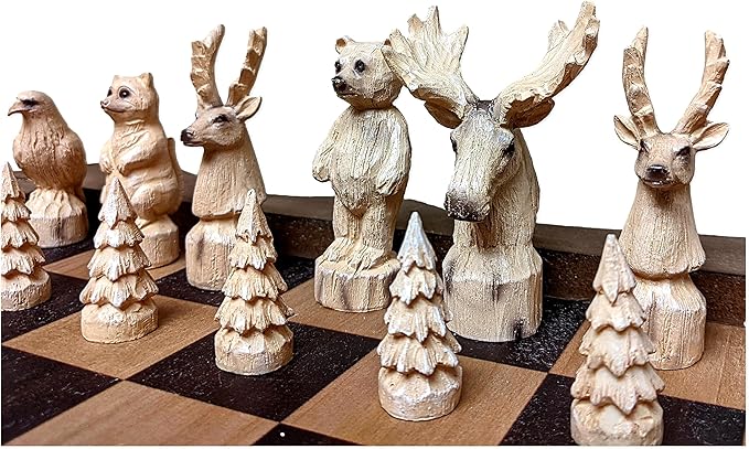 The Bridge Collection Forest Crowd Chessboard - Wooden Chess Board Set - Nice Chess Set for Adults - Exotic Chess Set for Mountain Lodge Cabin Decor