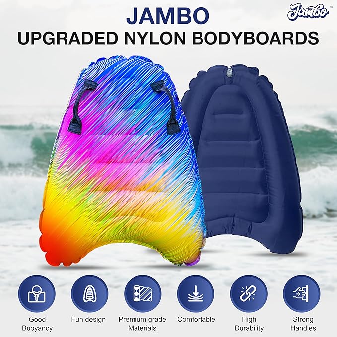 JAMBO Inflatable Surf Body Board with Handles, Boogie Board for Beach, Surfing Swimming Floating Surfboard Boards, Pool Floats Pool Beach Toy for Kids (Tie Dye and Color Spiked Double Pack) - 2 Pack
