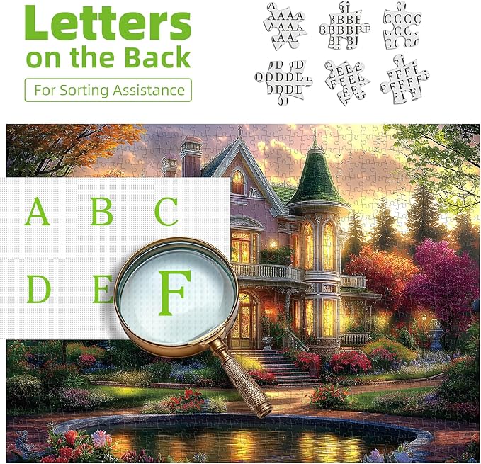 Victorian House Sunset 500 Piece Puzzle for Adults - Jigsaw Puzzles with Autumn Flowers & Scenic Landscape - Lakeside Cottage Challenging Puzzles for Adults & Seniors Gift (23"x15")