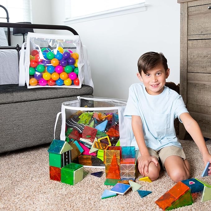 2 Pack Extra Large Toy Storage Clear Bags with Zipper 14"x14"x14" Clear Plastic Bins with Handle, Toy Organizer for Kids playroom, Blocks, Clothes, Stuffed Animal Storage