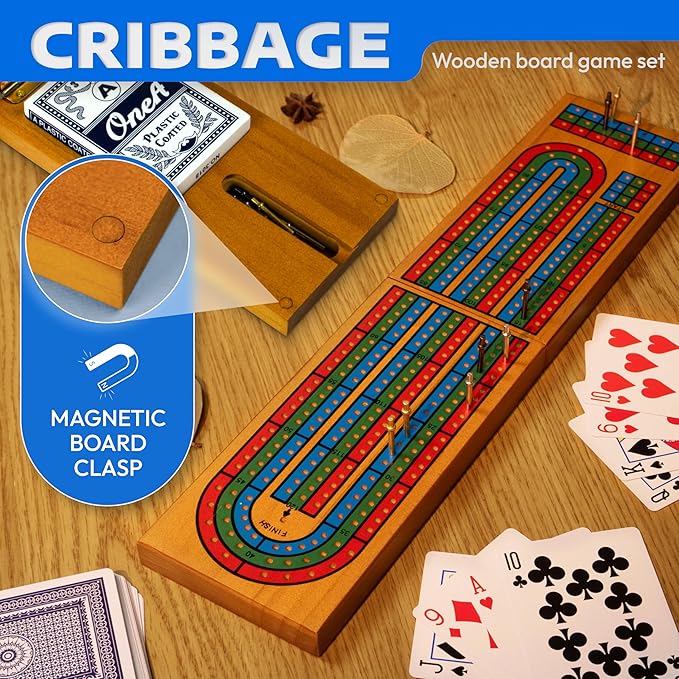 Cribbage Board Game Set with Storage - Classic Game Travel Cribbage Board with Wooden Card Storage for Adults & Kids - Ideal for Game Night
