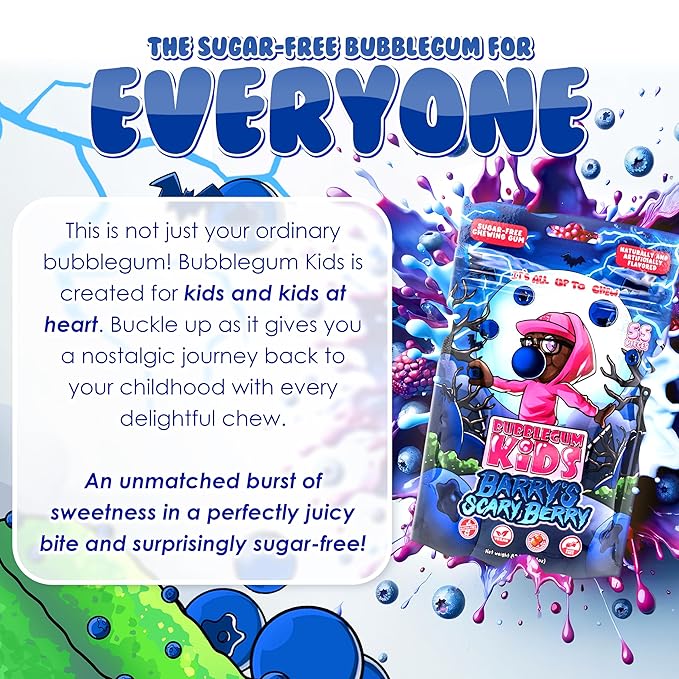 Bubblegum Kids Sugar Free Gum - For Kids and Adults - Vegan Friendly - Retro, Parent Approved Bubble Gum with Burst of Sweet Flavor - Barry's Scary Berry (Berry 3-Pack)