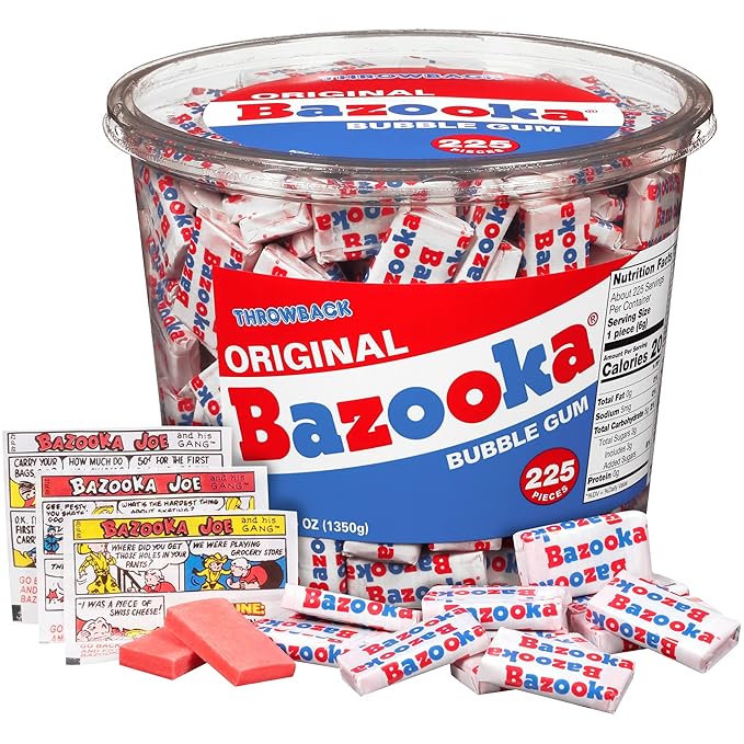 Bazooka Bubble Gum Bulk, 225 Count Tub of Chewing Gum Individually Wrapped, Old Fashioned 90's Candy for Baseball, Party Favors, Goodie Bags