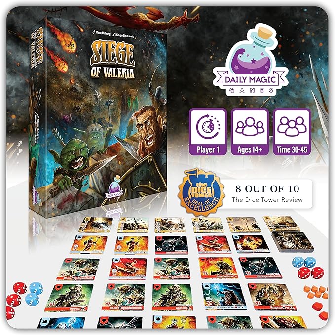 Siege of Valeria Board Game - Tower Defense Solo Board Game with Dice Rolling and Combo Cards. Single Player Fun with Fast Paced Gameplay