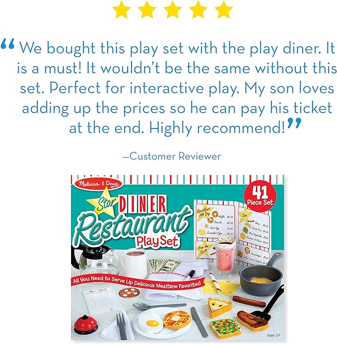 Melissa & Doug Star Diner Restaurant Play Set (41 pcs) - Pretend Play Food, Restaurant Toy Set With Cookware, Utensils For Kids, Diner Playset for Kids And Toddlers, Ages 3+