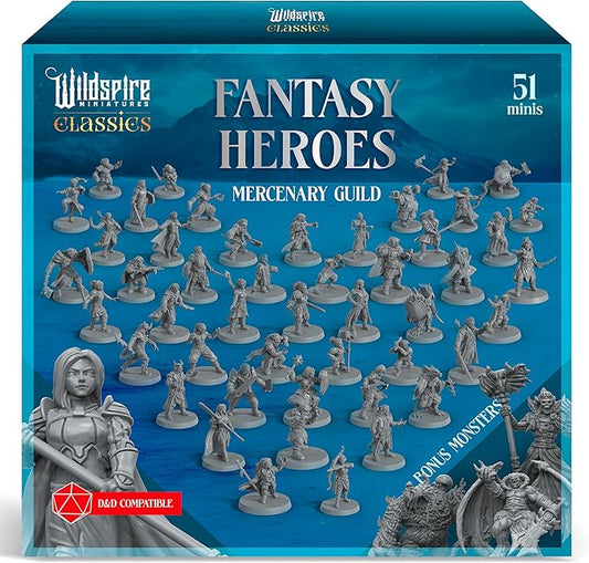 Classic Heroes - Mercenary Guild - 51 Paintable Characters for DND Miniatures Bulk I 28mm Dungeons Dragons D&D Miniatures I DND Minis D&D Figures Dungeons Dragons Figures Pathfinder Compatible