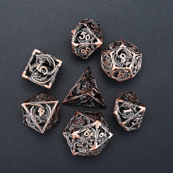 Hollow Metal DND Dice 7Pcs Set for Dungeons and Dragons RPG MTG Table Games D&D Pathfinder Shadowrun and Math Teaching,Large D4,D6,D8,D10,D12,D20 freaky multi sided Dice Set D and D Dice with Gift Box