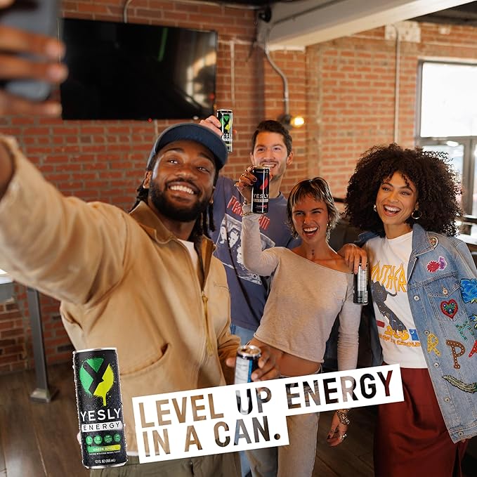 Yesly Energy Drink, Green Apple, Naturally Flavored Sparkling Energy Drink With Electrolytes, Magnesium, Potassium, Vitamin C, B6 & B12, Natural Caffeine From Green Tea, 12 Fl Oz Cans, 12 Pack