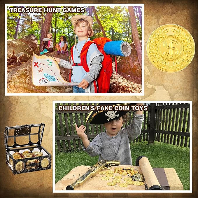 Hanaive 100 Pcs Metal Pirate Coins Bulk Gold Fake Coins Spanish Doubloon Tokens for Kids Board Games Pirate Party Cosplay(Fake Dollar)