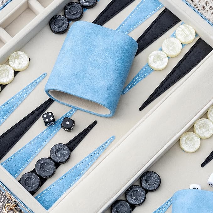 Backgammon Sets for Adults, Classic Board Game with Folding Leather Backgammon Case, Portable Travel Backgammon Game Set (Blue)