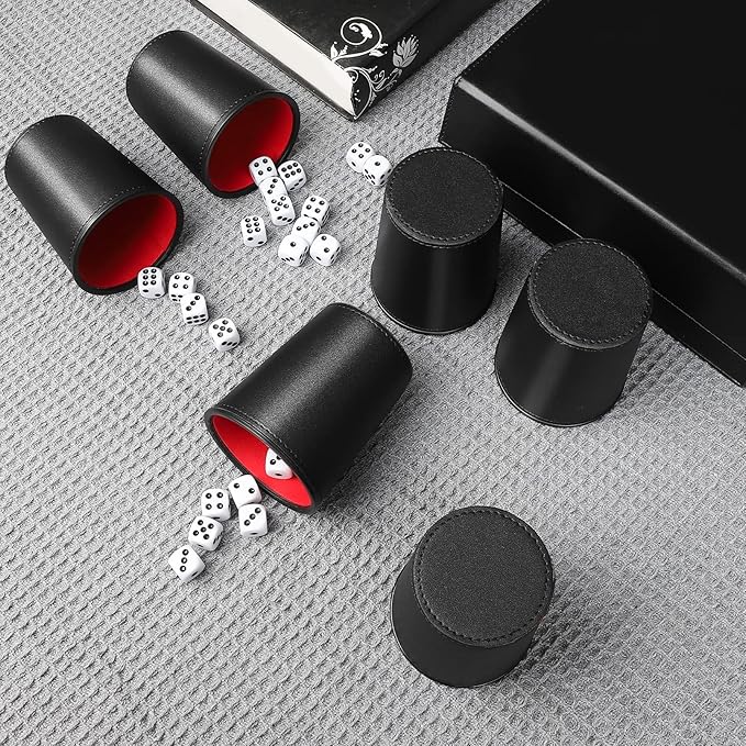 Leather Dice Cup Set, 6 Dice Cups+30 Dice+1 Folding Tray Exclusive Storage and Transport Case Made of Faux (Black Red)