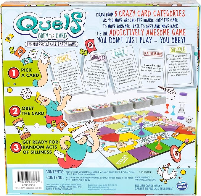 Spin Master Quelf Board Game: Party Game for Teens and Adults -Obey The Cards to Win Family Game Night - 300 Outrageous Action Cards Combines Quiz Questions, Stunts, Acting, and Hilarious Rules