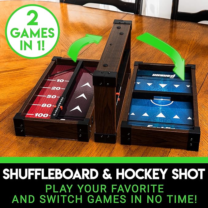 Franklin Sports Shuffleboard and Sling Puck Game - Slingshot Hockey and Shuffleboard Set with Pucks and Game Boards - 8 Mini Pucks and Slings Included