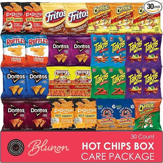 Hot Chips Snacks Variety Pack for Adults - Fiery Spicy Snack Bag Care Package - Gift Box Bulk Assortment (30 pack)
