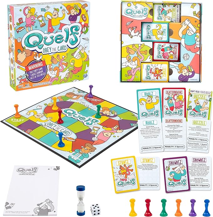 Spin Master Quelf Board Game: Party Game for Teens and Adults -Obey The Cards to Win Family Game Night - 300 Outrageous Action Cards Combines Quiz Questions, Stunts, Acting, and Hilarious Rules