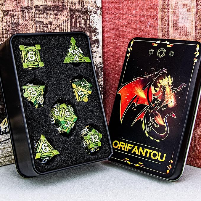 7PCS Metal DND Dice Set with Box, Debris RPG Green Yellow D and D Dice for use with D&D Tabletop Games Role Playing Game Polyhedral Dice Set D20 D12 D10 D8 D6 D4