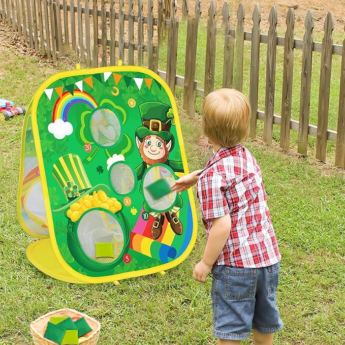 2 in 1 St Patricks Day Easter Bean Bag Toss Games for Kids, St Patricks Day Leprechaun Bunny Tossing Games Easter Gifts Party Favors for Kids Ages 4 8 Outdoor Yard Toys