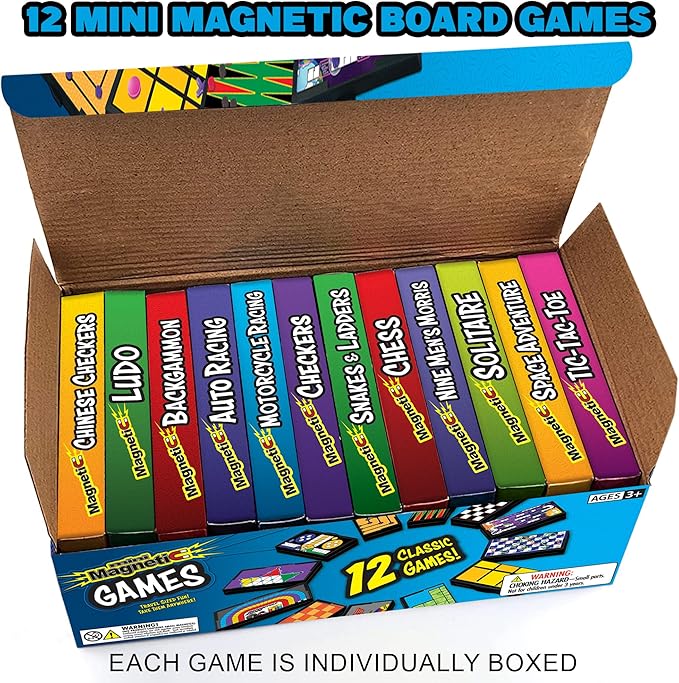 Gamie Magnetic Board Travel Games Set - Includes 12 Retro Fun Games - 5" Compact Design - Individually Boxed - Teaches Strategy & Focus, Great for Road Trip/Travel/Camping - Best Gift for Kids Ages 6+