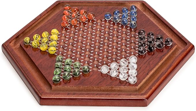 Yellow Mountain Imports Wooden Chinese Checkers Halma Board Game Set - 13.6-Inch - with 60 Colored Petal-Style Glass Marbles (16-Millimeter) - Classic Strategy Game