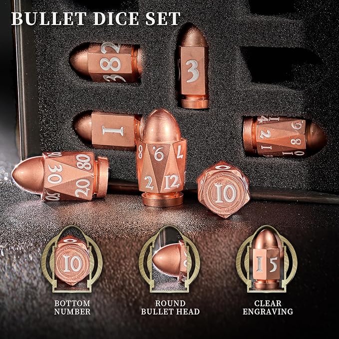 Bullet Dice for Dungeons and Dragons, Heavy Metal Dice Set D&D Polyhedral D and D Dice for Role Playing Game for Sci-Fi Warhammer40k War Crime (Rose Gold WhiteNumber)