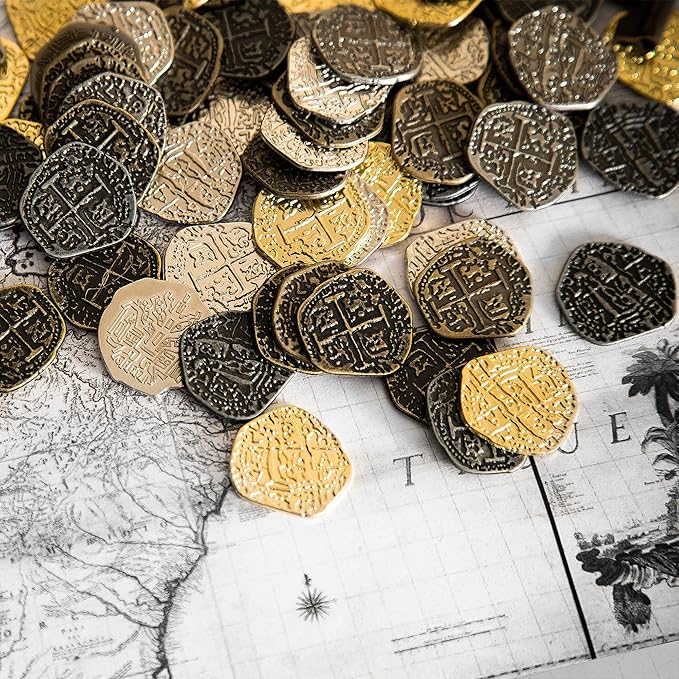 Beverly Oaks Metal Pirate Coins - Gold and Silver Spanish Doubloon Replicas - Fantasy Metal Coin Pirate Treasure (200-Coins)