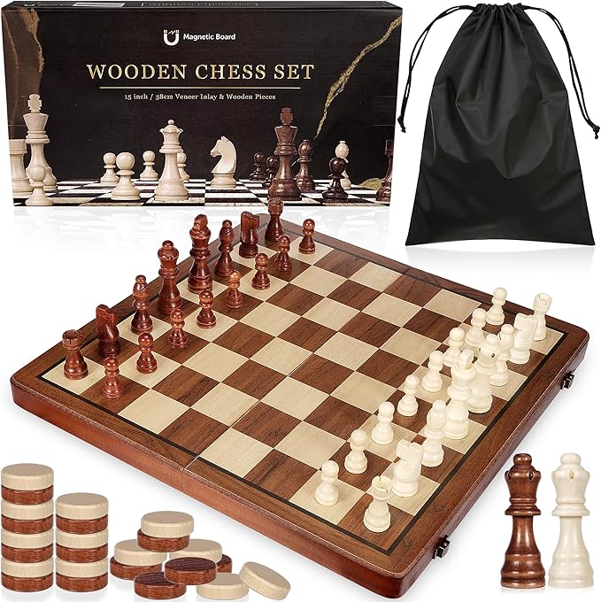 Magnetic Wooden Chess & Checkers Board Game - 15" Folding Chess Board(2 in 1)- Handcrafted Chesspiece (includes 2 Extra Queens) and Storage Slots- Portable Travel Board Games for Adults Kids, 6 up Age