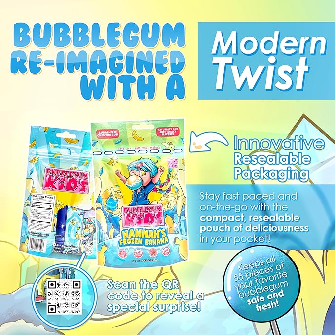 Bubblegum Kids Sugar Free Gum - For Kids and Adults - Vegan Friendly - Retro, Parent Approved Bubble Gum with Burst of Sweet Flavor - Hannah's Frozen Banana (Banana Flavor)