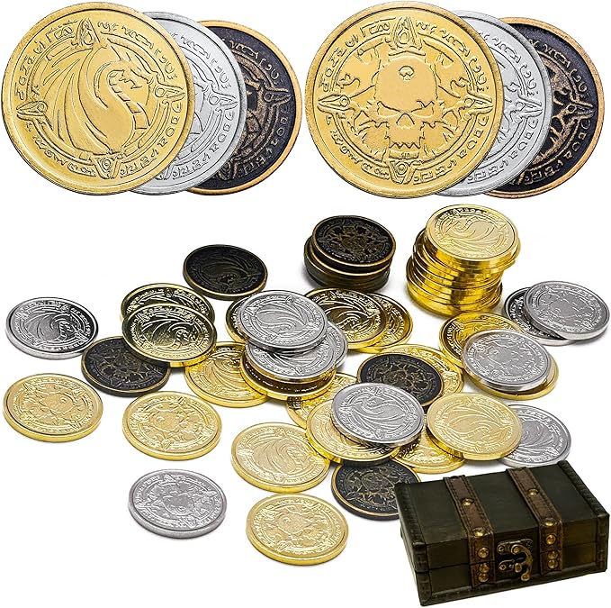 Metal Pirate Coins, 50 Pieces Lots of Toys Gold Coins for Board,for DND Props Accessories, Treasures and Treasure chests Fantasy Dragon Coinsfor RPG Tablelap