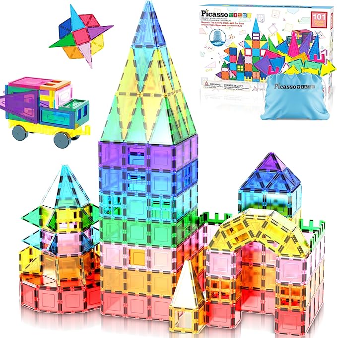 PicassoTiles 101pc Magnetic Tile Building Blocks with Car Base Drawstring Carry Toy Storage Bag Magnetized Block for Kids Magnet ToySet Educational STEM Learning Child Brain Development Ages 3+ PC101