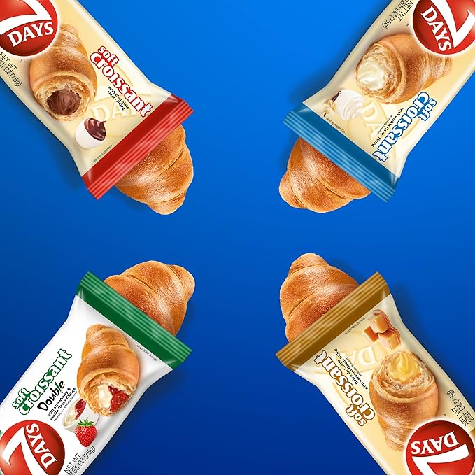 7Days Soft Croissant Variety Pack (24 Count), 6 Chocolate, 6 Vanilla, 6 Strawberry Vanilla, 6 Caramel, Breakfast Pastry, Individually Wrapped On The Go Snack (Pack of 24)