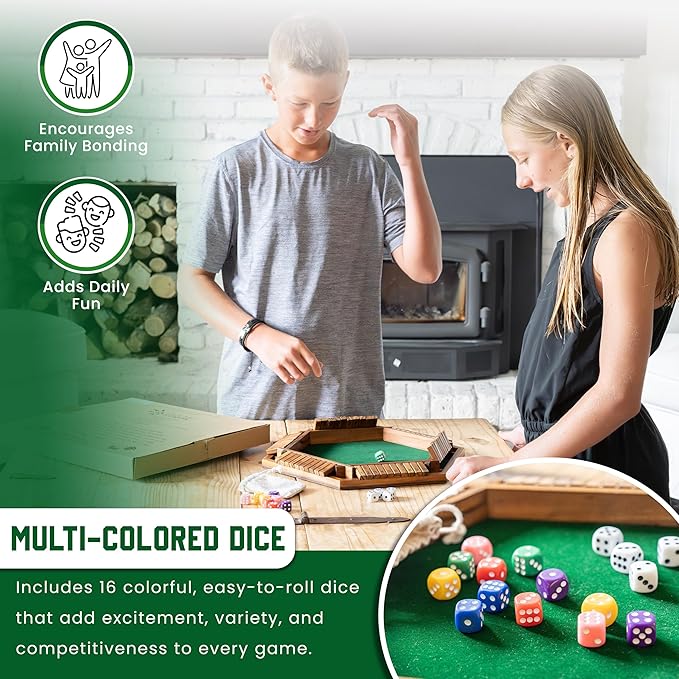 Sam & Evie Shut The Box Game for 1–6 Players | Close The Box Game Wooden with 16 Colorful Dices | Easy to Play Classic Board Games for Adults.Families and Kids
