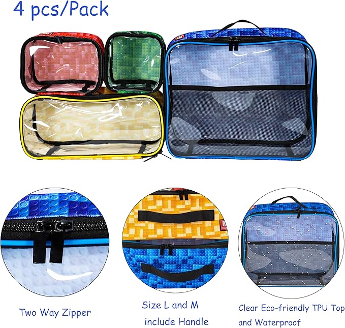 4-piece Kids Toy Storage Organizer Set Bag for Lego Building Bricks with See Through Clear TPU Top, Small Toy Packing Cube Bags, Clean Up Container case (grid pattern)