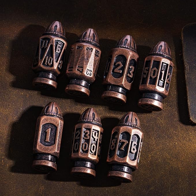 UDIXI Metal DND Bullet Dice Set with Unique Container, 7-Die Solid Polyhedral Metal Dice Set for D&D, Role Playing Game or Other Tabletop Games（Copper）