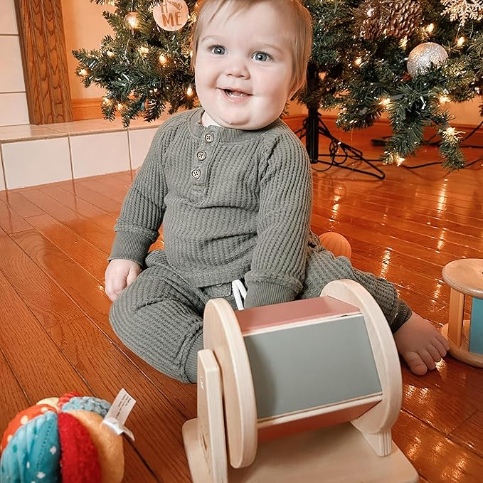 Montessori Toy Set 5-6 Months Infant Toys - Tummy Time Activity Wooden Spinning Drum, Sensory Balls Set, Texture Ball, Flash Cards, Baby Emotions Board Book, Newborn Gifts Basket