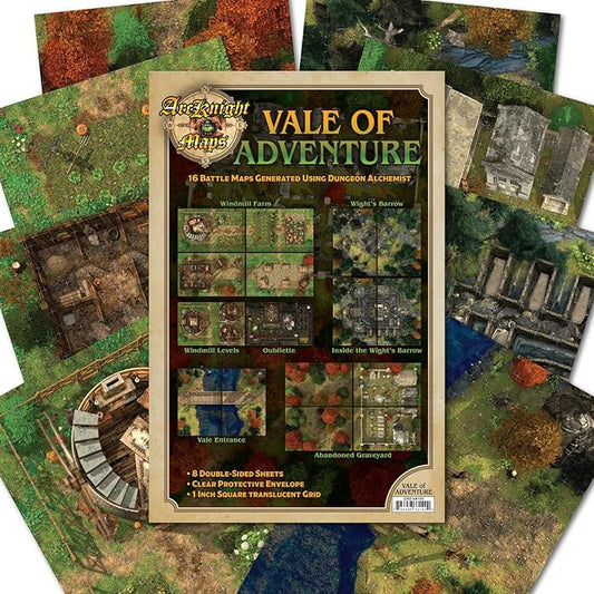 Arcknight The Vale of Adventure Roleplaying D&D Battle Map; 16 Modular RPG Maps in 8 Double-Sided Pages, 1" Square Grid, Modular & Versatile DND Map for ttrpg Gaming - for Dungeons & Dragons