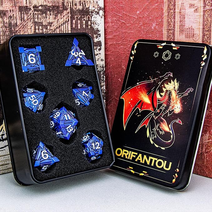 7PCS Metal DND Dice Set with Box, Debris RPG Blue White D and D Dice for D&D Tabletop Games Role Playing Game Polyhedral Dice Set D20 D12 D10 D8 D6 D4