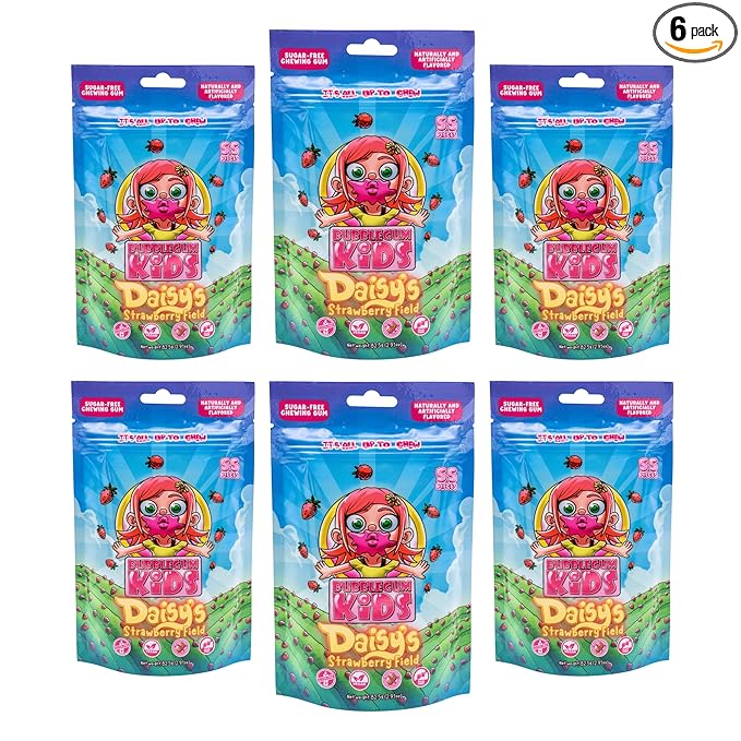 Bubblegum Kids Sugar Free Gum - For Kids and Adults - Vegan Friendly - Retro, Parent Approved Bubble Gum with Burst of Sweet Flavor - Daisy's Strawberry Field (Strawberry 6-Pack)