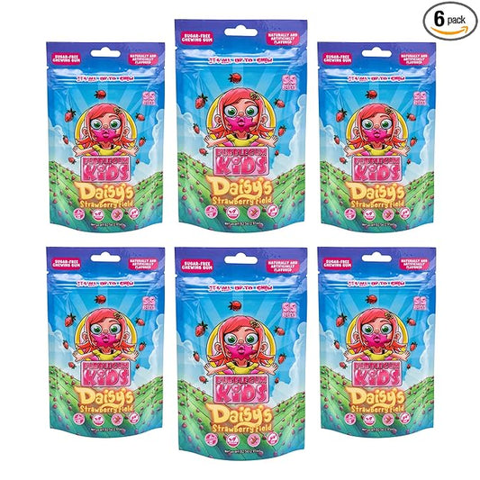 Bubblegum Kids Sugar Free Gum - For Kids and Adults - Vegan Friendly - Retro, Parent Approved Bubble Gum with Burst of Sweet Flavor - Daisy's Strawberry Field (Strawberry 6-Pack)