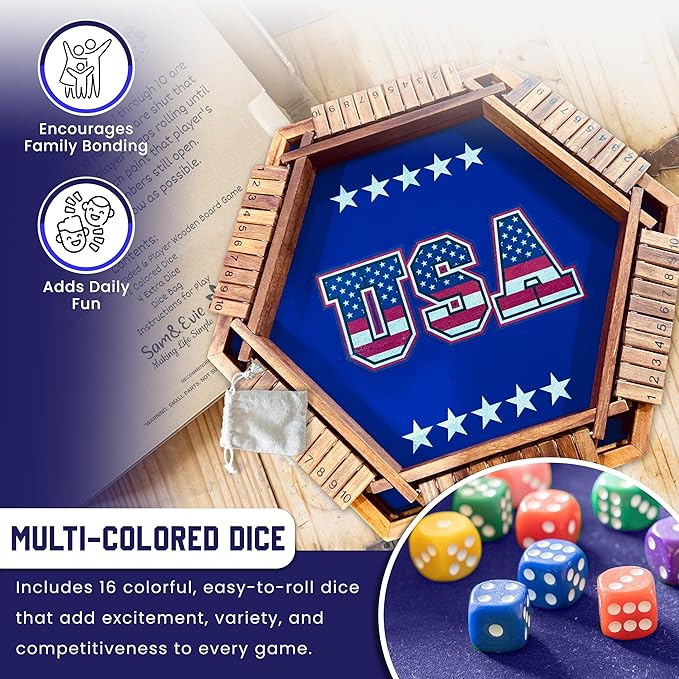 Sam & Evie Shut The Box Game for 1–6 Players | USA Design - Close The Box Game Wooden with 16 Colorful Dices | Easy to Play Classic Board Games for Adults, Families and Kids