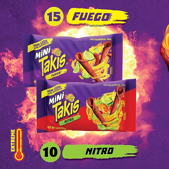 Takis Mini 25PK Bite Size Variety Pack, Assorted Flavored Mixed Rolled Tortilla Chips – (15) Fuego Mini (10) Nitro Mini