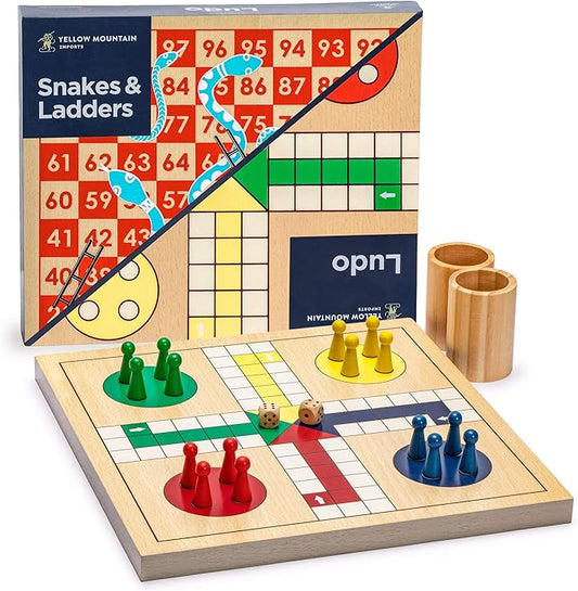 Yellow Mountain Imports 2-in-1 Reversible Wooden Snakes and Ladders, Ludo Game Set - 11.3 inches