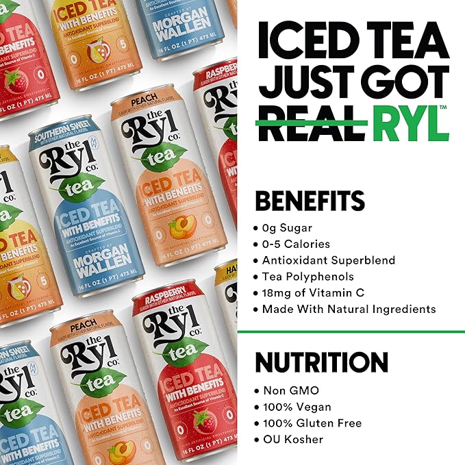 Ryl Iced Tea MVP Variety Pack – Antioxidant Superblend, No Artificial Ingredients, Zero Sugar, Five Calorie, Low Carb, Non-GMO, Kosher, Gluten Free, Made in the USA, 12-Pack, 16 Fl Oz