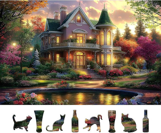 Victorian House Sunset 500 Piece Puzzle for Adults - Jigsaw Puzzles with Autumn Flowers & Scenic Landscape - Lakeside Cottage Challenging Puzzles for Adults & Seniors Gift (23"x15")