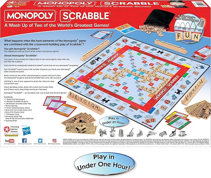 Monopoly Scrabble Game, Play in UNDER ONE HOUR, Score Your Scrabble Word - Move Your Token, By Winning Moves Games USA, Mash-Up of 2 of the World's Greatest Games, 2 to 4 Players Ages 8+ (1250)