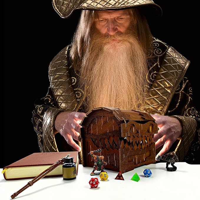 Mimic Chest for Dungeons and Dragons Tower with Tray Wood Laser Etched Cthulhu Portable and Collapsible Dice Roller Perfect for Board Game and Tabletop RPG